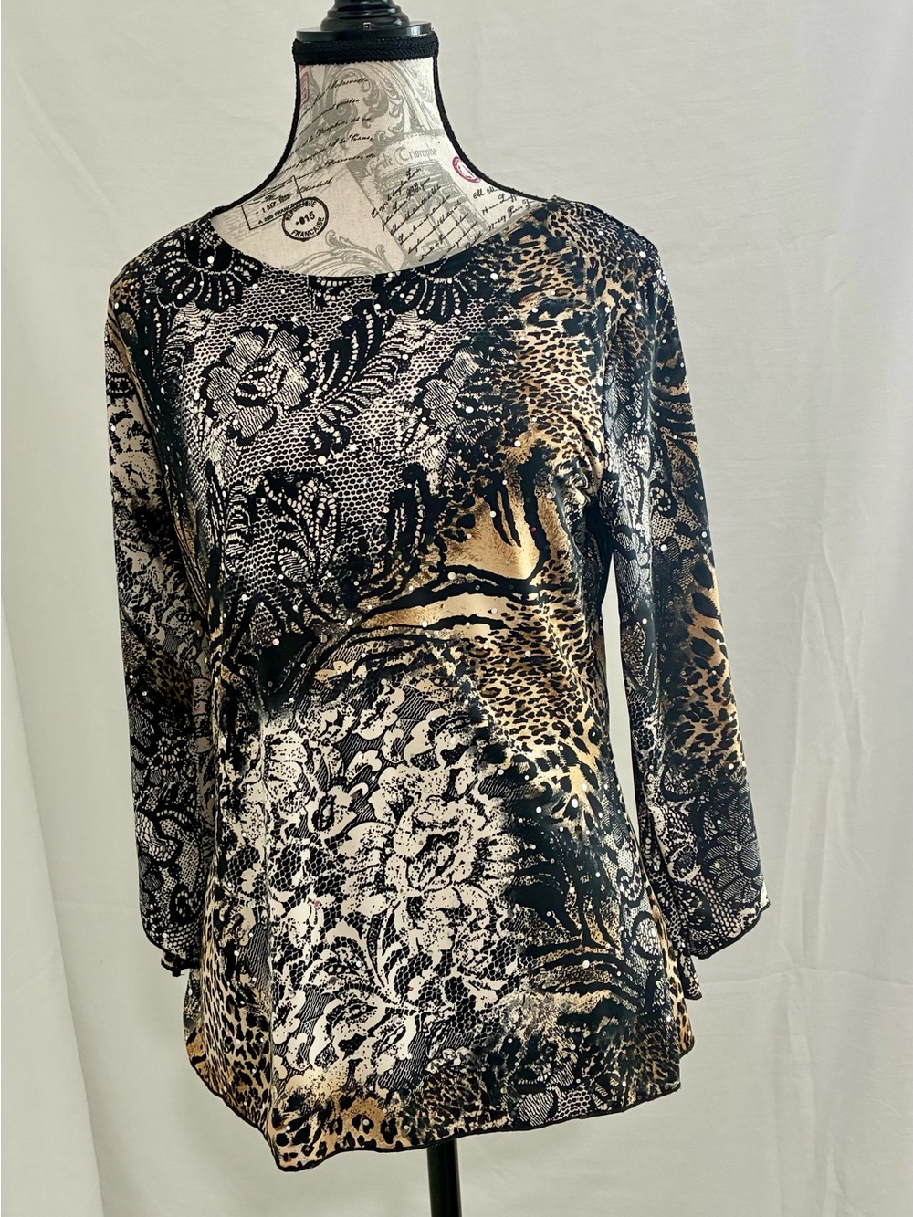 Vintage Brittany Black mixed animal & floral mesh blouse -Size M